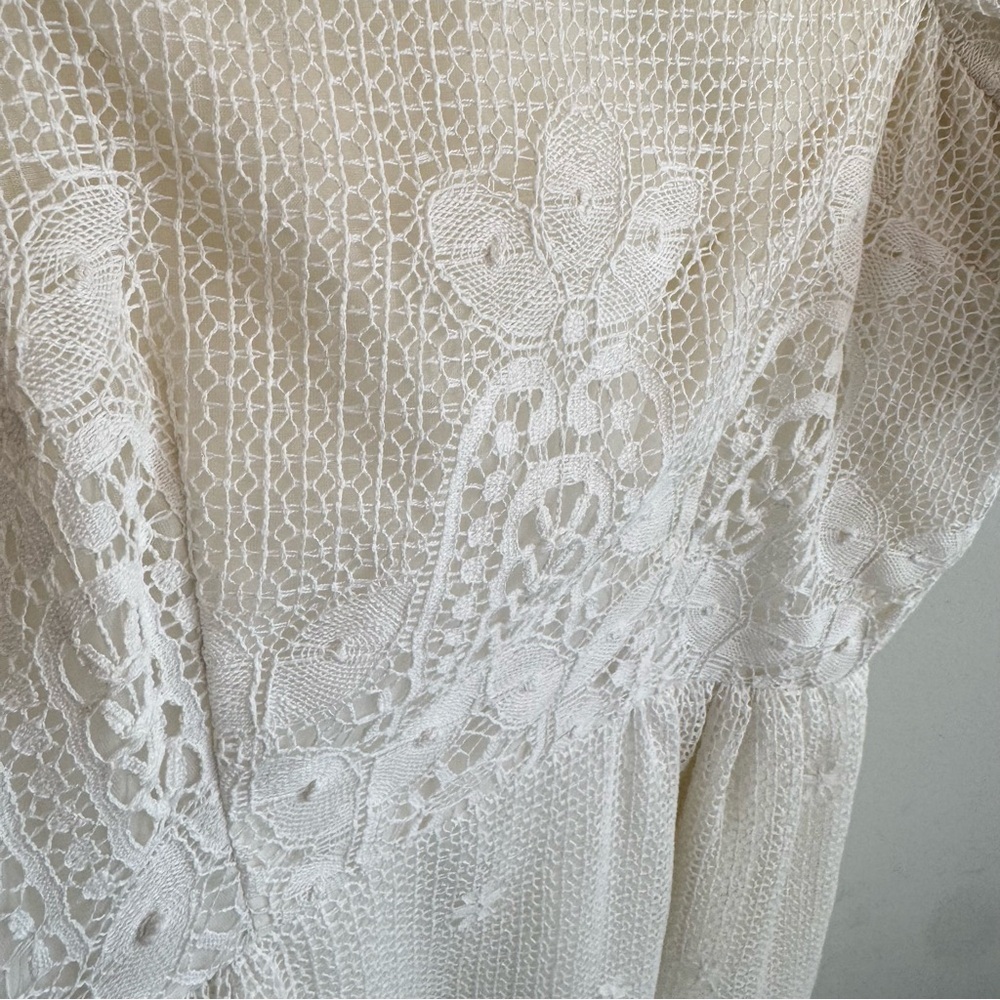 Vintage Bohemian Handmade Crochet Lace Puff Sleeve Wedding Dress‎ XS - Picture 3 of 10